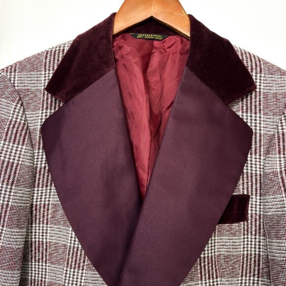 After Six Burgundy Silver Plaid Brocade Tuxedo Prom Formal Jacket Vintage 70’s - Picture 3 of 14